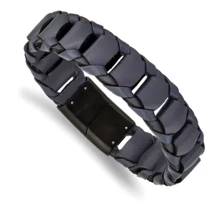 Stainless Steel Brushed Black IP-plated Blue Leather 8.5in Bracelet