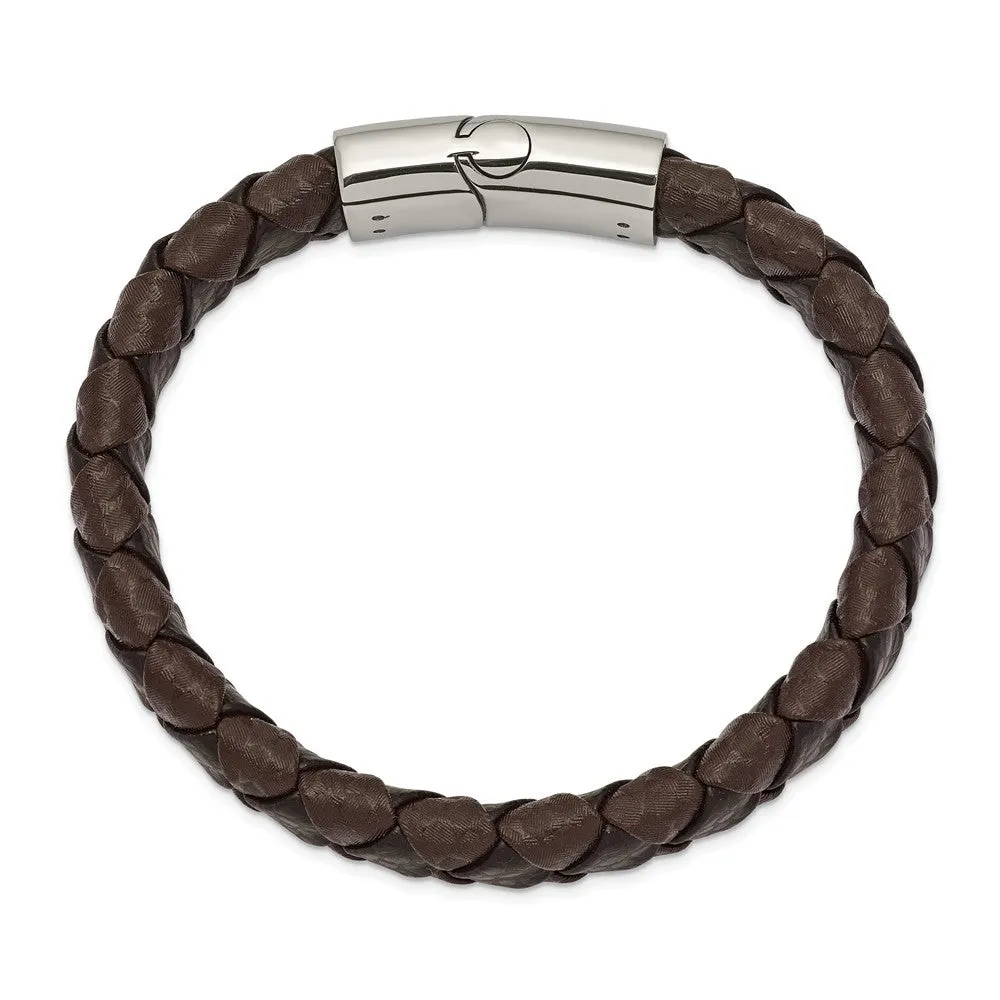 Stainless Steel Polished Black and Brown Textured Leather 8in Bracelet