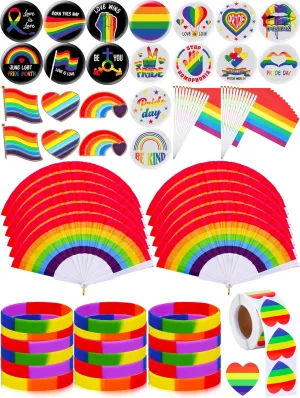 Sureio 624 Pcs Rainbow Pride Items Bulk Include Rainbow Button Pins Silicone Bracelets Stickers Colorful Flag and Handheld Fans LGBTQ Lapel Pins for Pride Month Parade Party Favors Accessories