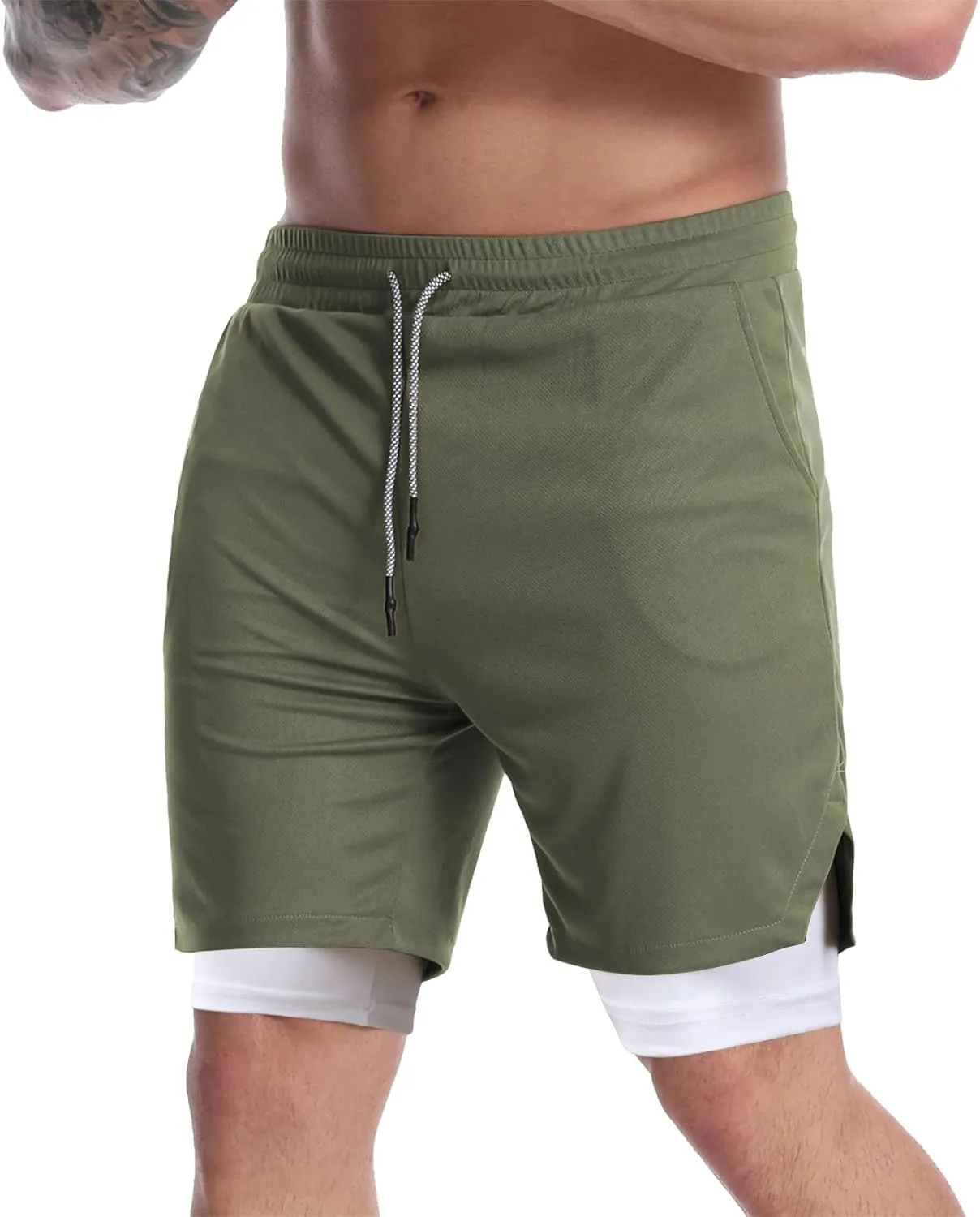 Suwangi Men's 2 in 1 Workout Running Shorts 7" Lightweight Quick-Dry Short Gym Athletic Training Yoga Short with Phone Pocket
