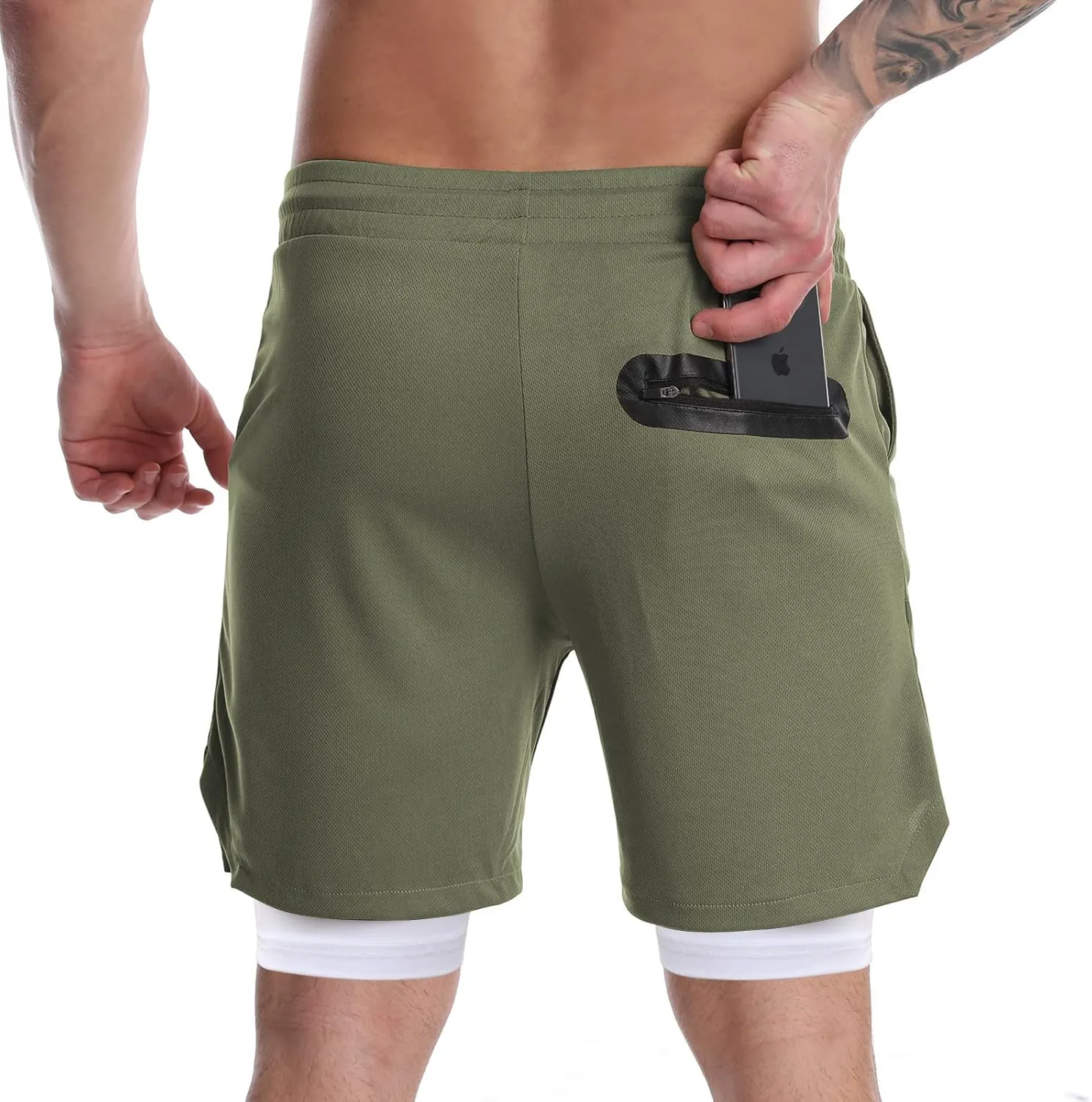Suwangi Men's 2 in 1 Workout Running Shorts 7" Lightweight Quick-Dry Short Gym Athletic Training Yoga Short with Phone Pocket
