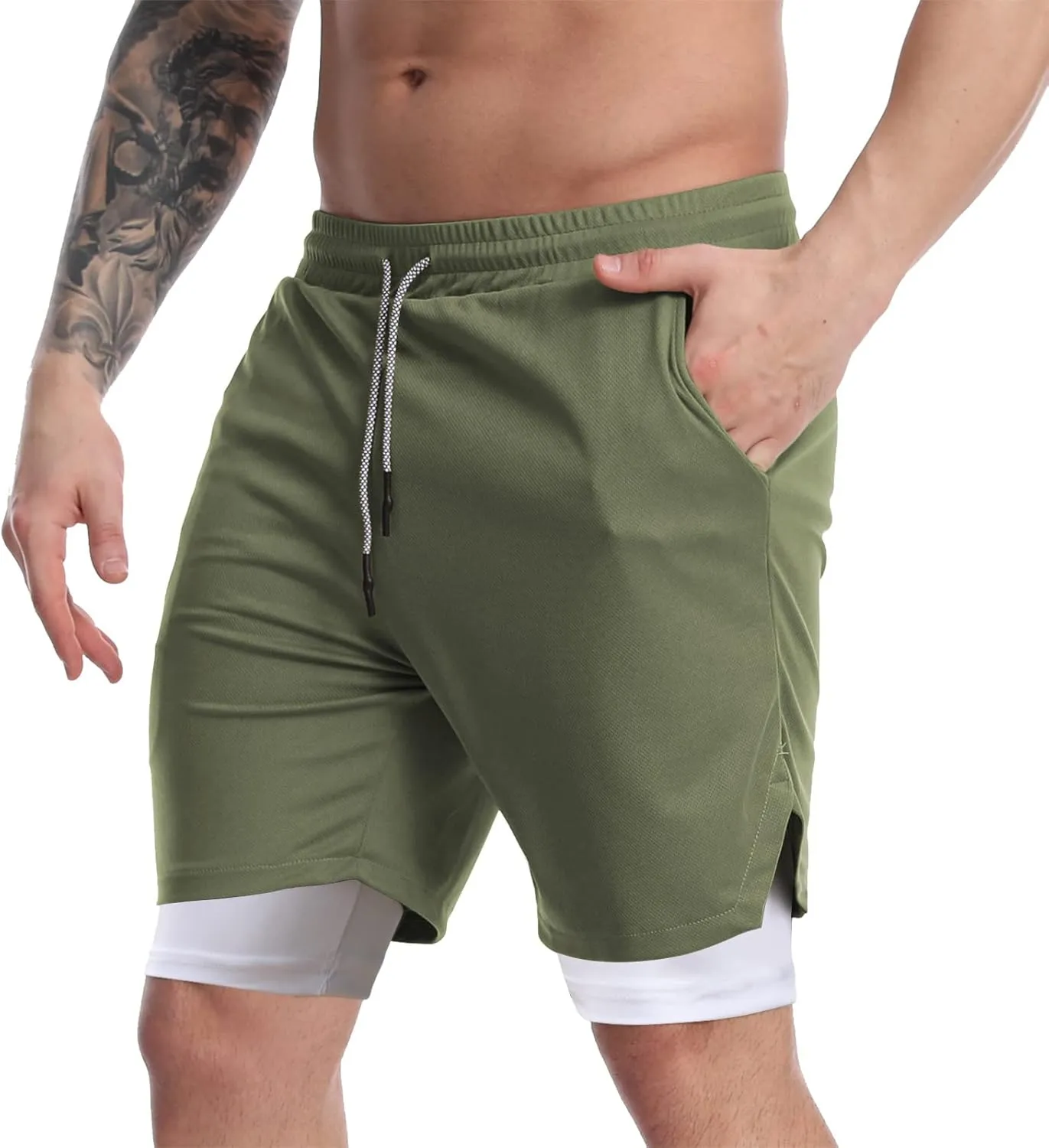 Suwangi Men's 2 in 1 Workout Running Shorts 7" Lightweight Quick-Dry Short Gym Athletic Training Yoga Short with Phone Pocket