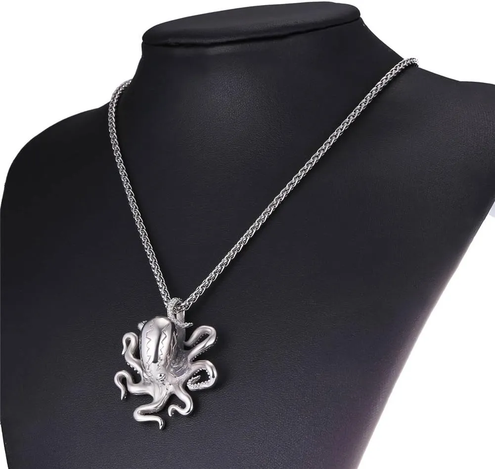 U7 Men Skull Pendant/Octopus Necklace Stainless Steel Gothic Punk Jewelry, Personalized Skeleton Head Rapper Necklaces with 22-24 Inch Chain