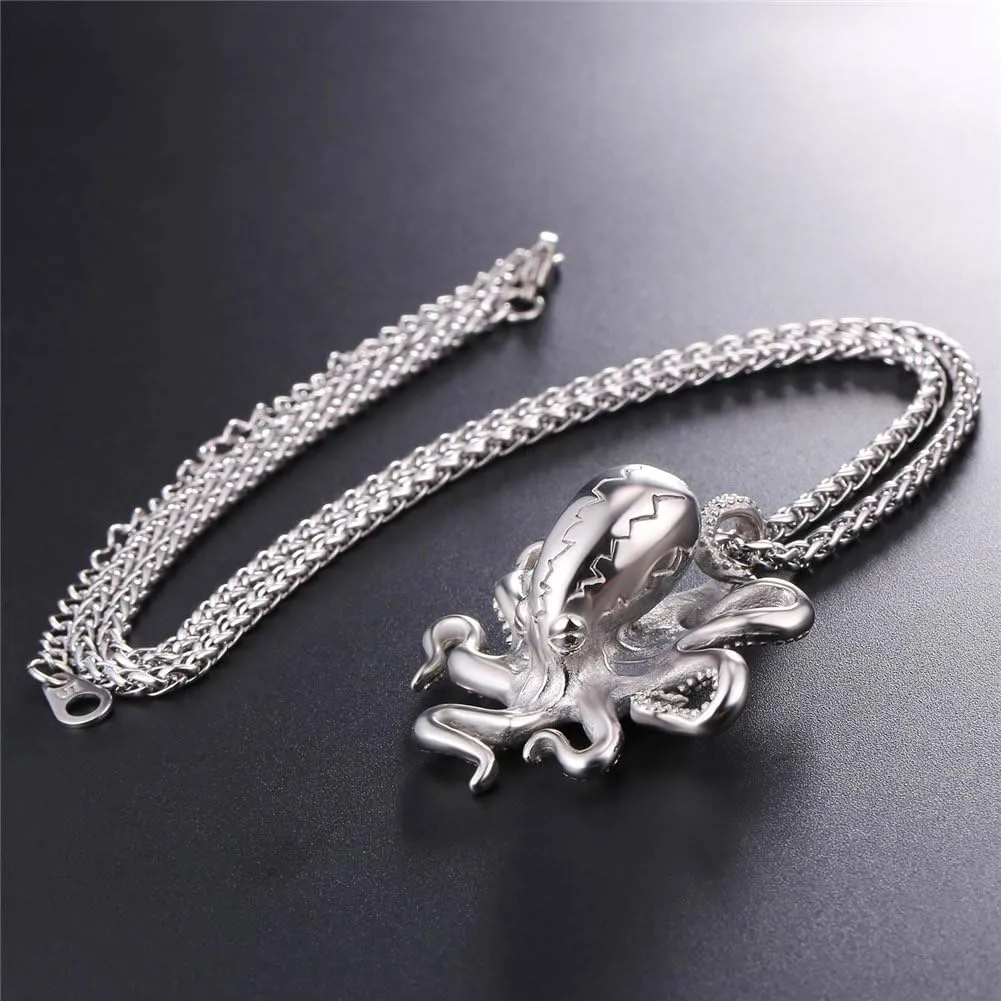 U7 Men Skull Pendant/Octopus Necklace Stainless Steel Gothic Punk Jewelry, Personalized Skeleton Head Rapper Necklaces with 22-24 Inch Chain
