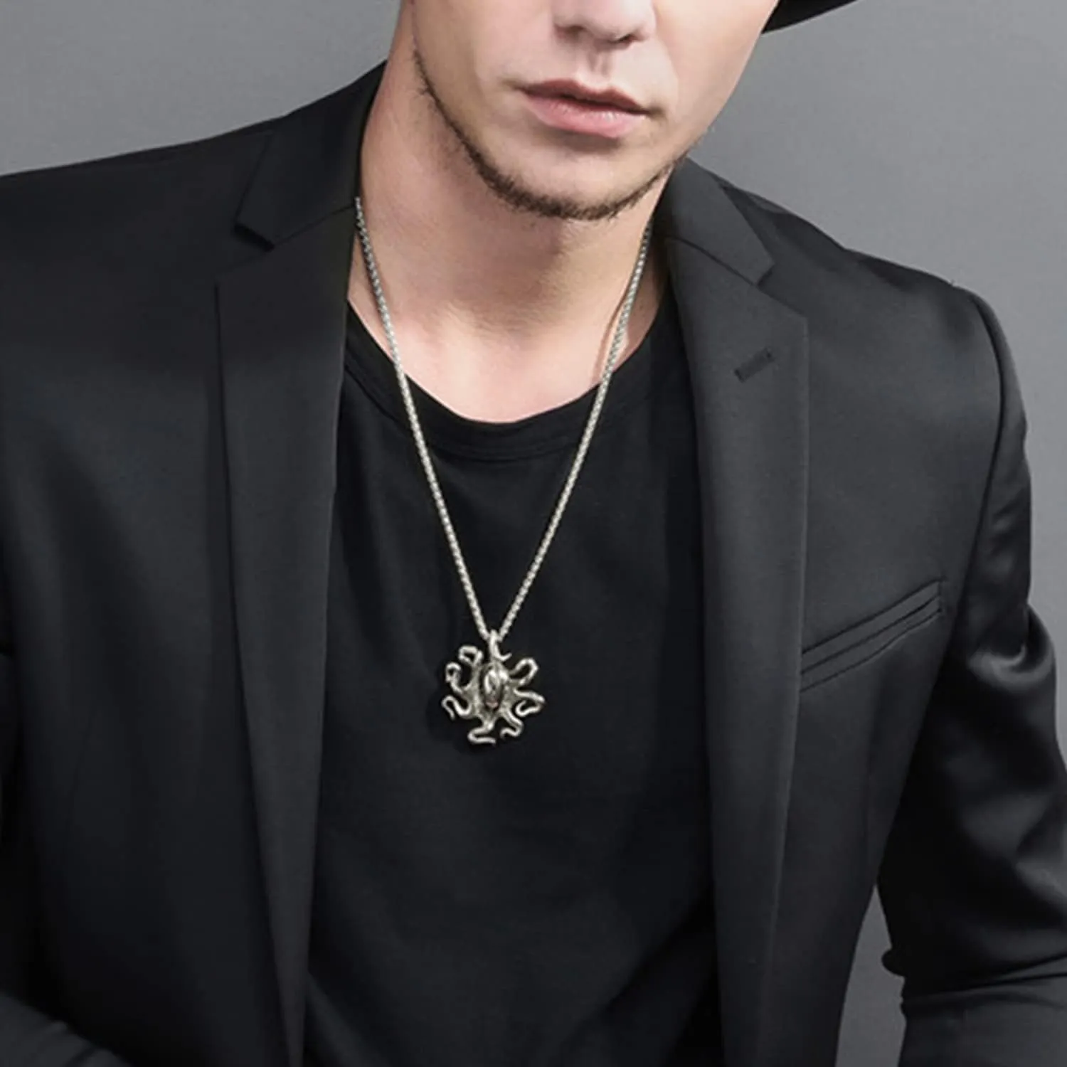 U7 Men Skull Pendant/Octopus Necklace Stainless Steel Gothic Punk Jewelry, Personalized Skeleton Head Rapper Necklaces with 22-24 Inch Chain