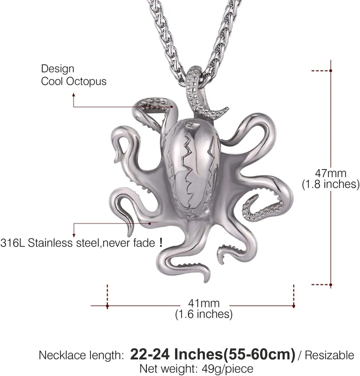 U7 Men Skull Pendant/Octopus Necklace Stainless Steel Gothic Punk Jewelry, Personalized Skeleton Head Rapper Necklaces with 22-24 Inch Chain