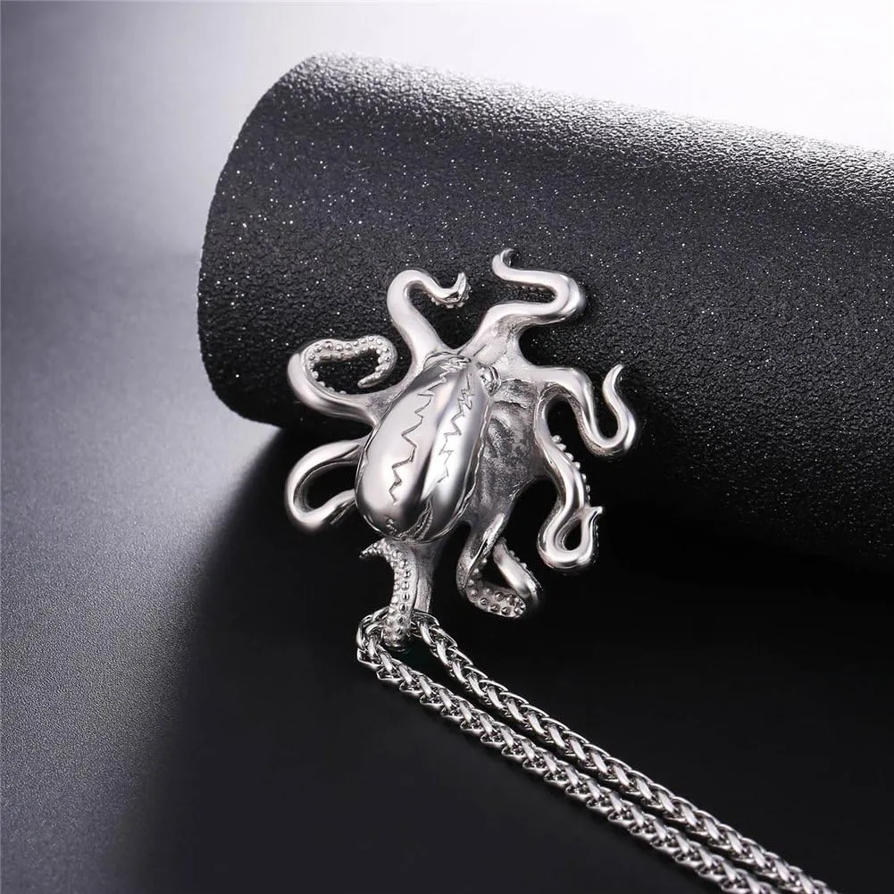U7 Men Skull Pendant/Octopus Necklace Stainless Steel Gothic Punk Jewelry, Personalized Skeleton Head Rapper Necklaces with 22-24 Inch Chain