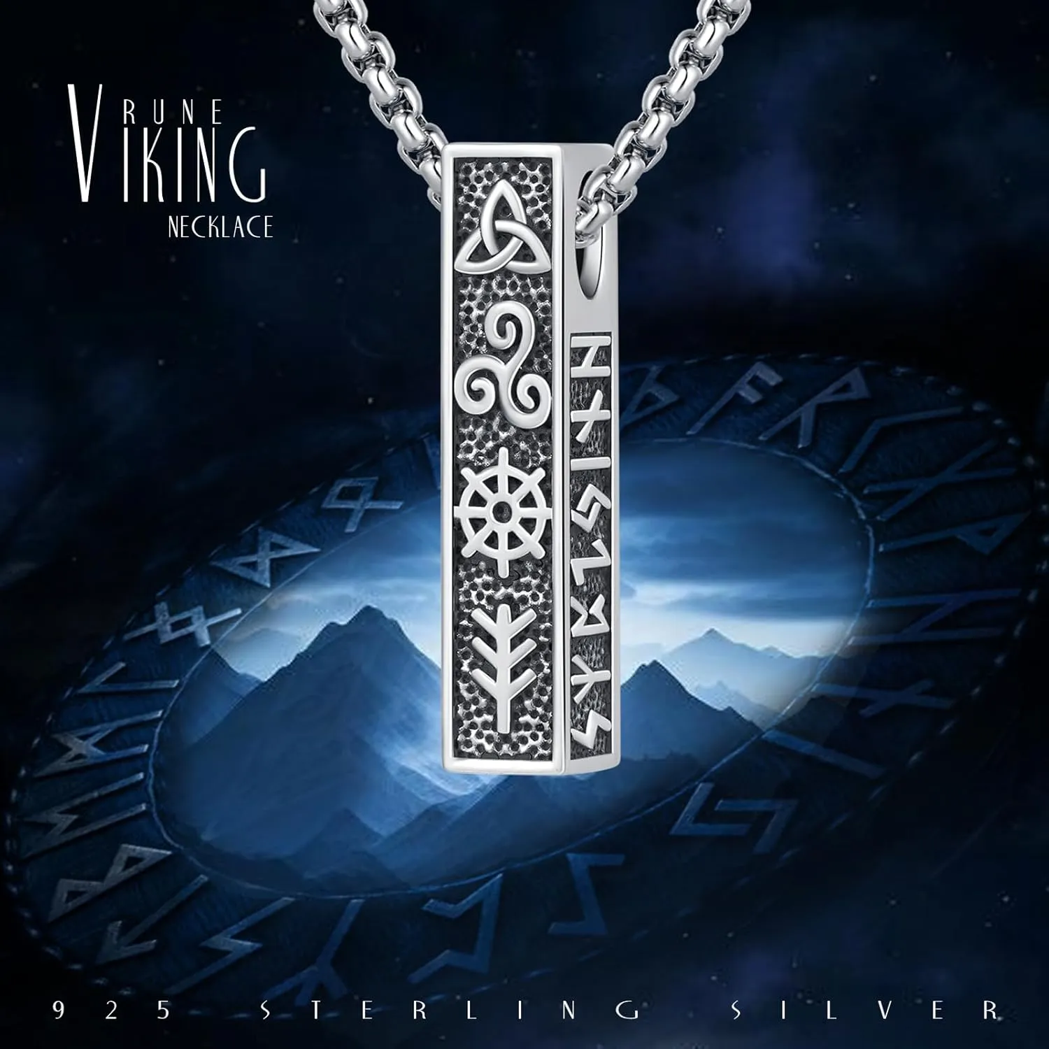 Viking Necklace for Men 925 Sterling Silver Rune Amulet Pendant Nordic Necklace Viking Jewelry Gift for Father Husband Son