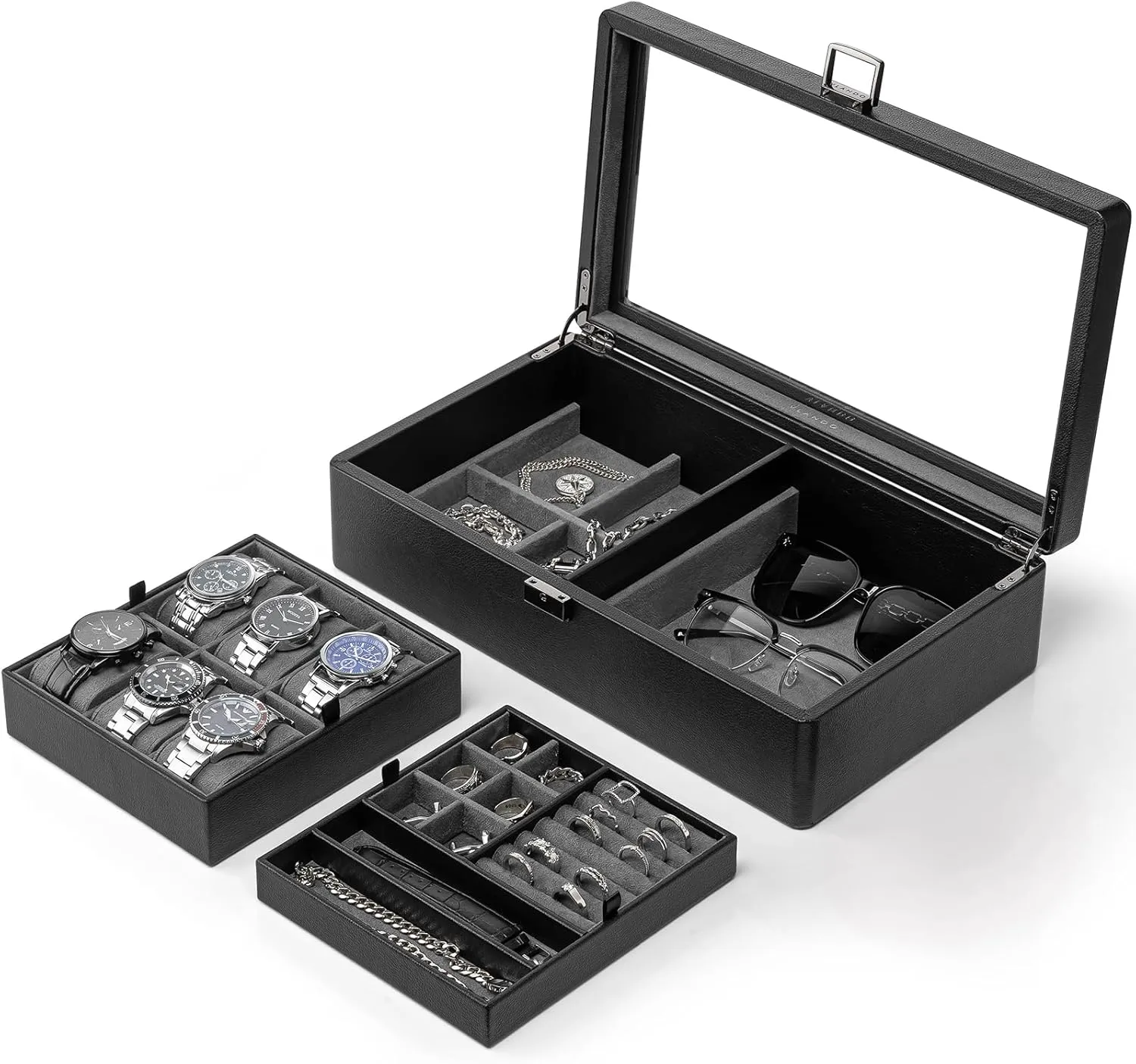 Vlando 6-Slot Watch Box Organize, Lockable Watch Case with Textured Leather, 2 Layer Watch Holder for Rings, Bracelets, Glasses, Glass Lid, Removable Divider, Gift for Fathers, Husband, Friend, Grey