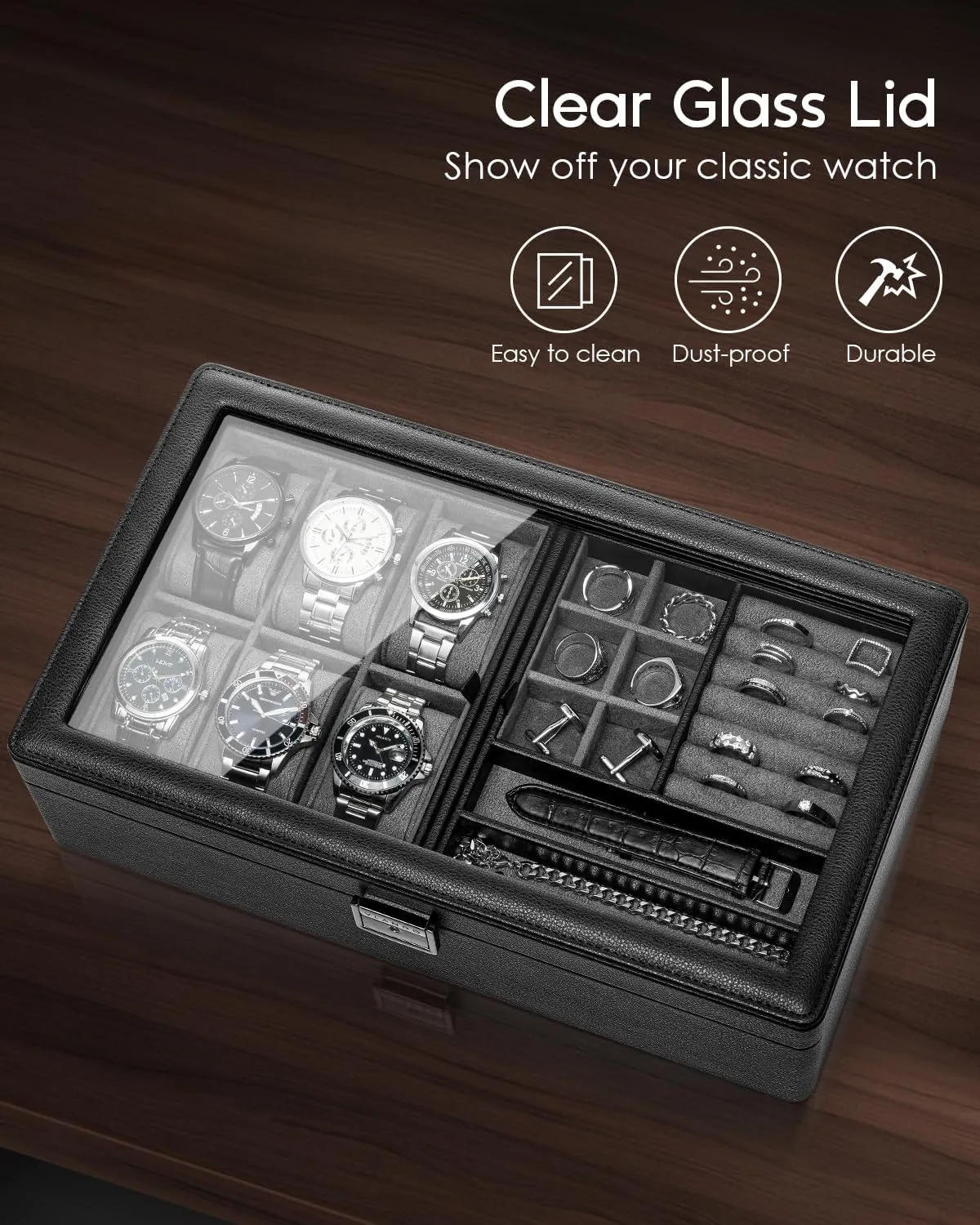 Vlando 6-Slot Watch Box Organize, Lockable Watch Case with Textured Leather, 2 Layer Watch Holder for Rings, Bracelets, Glasses, Glass Lid, Removable Divider, Gift for Fathers, Husband, Friend, Grey