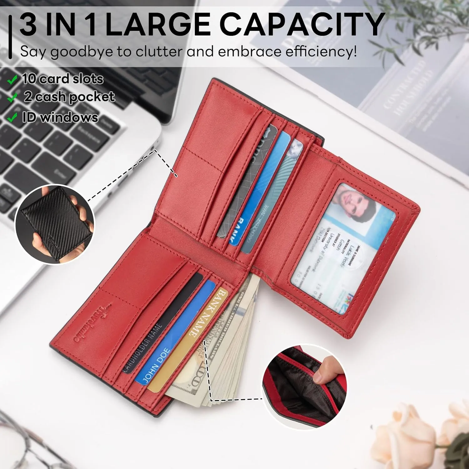 Wallet for Men, Premium Classic Mens Wallet Minimalist Slim Bifold Wallet, RFID Blocking Wallet with 10 Credit Card, 2 ID Window and 2 Cash Slots, Leather Compact Wallet, Front Pocket Card Holder