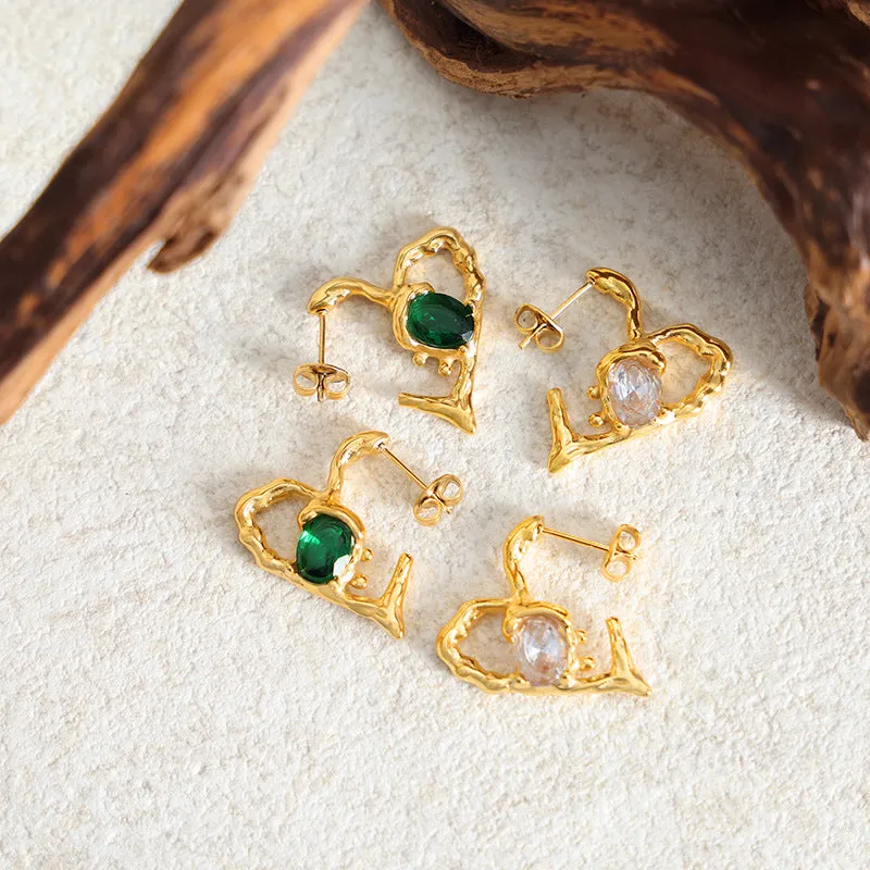 Wholesale Creative Ear Glass Heart Shaped Gold Plated Earrings