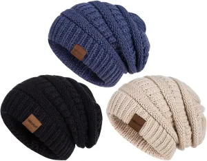 Womens Beanies for Winter 3 Pack, Slouchy Beanies for Women Oversized Knit Warm, Winter Hats for Women Thick for Cold Weather(Black Oatmeal Denim)