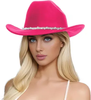 Womens Mens Rhinestone Western Cowboy Hat Wide Brim Felt Fedora Bling Hats with Diamonds Band Cowboy Hat for Party