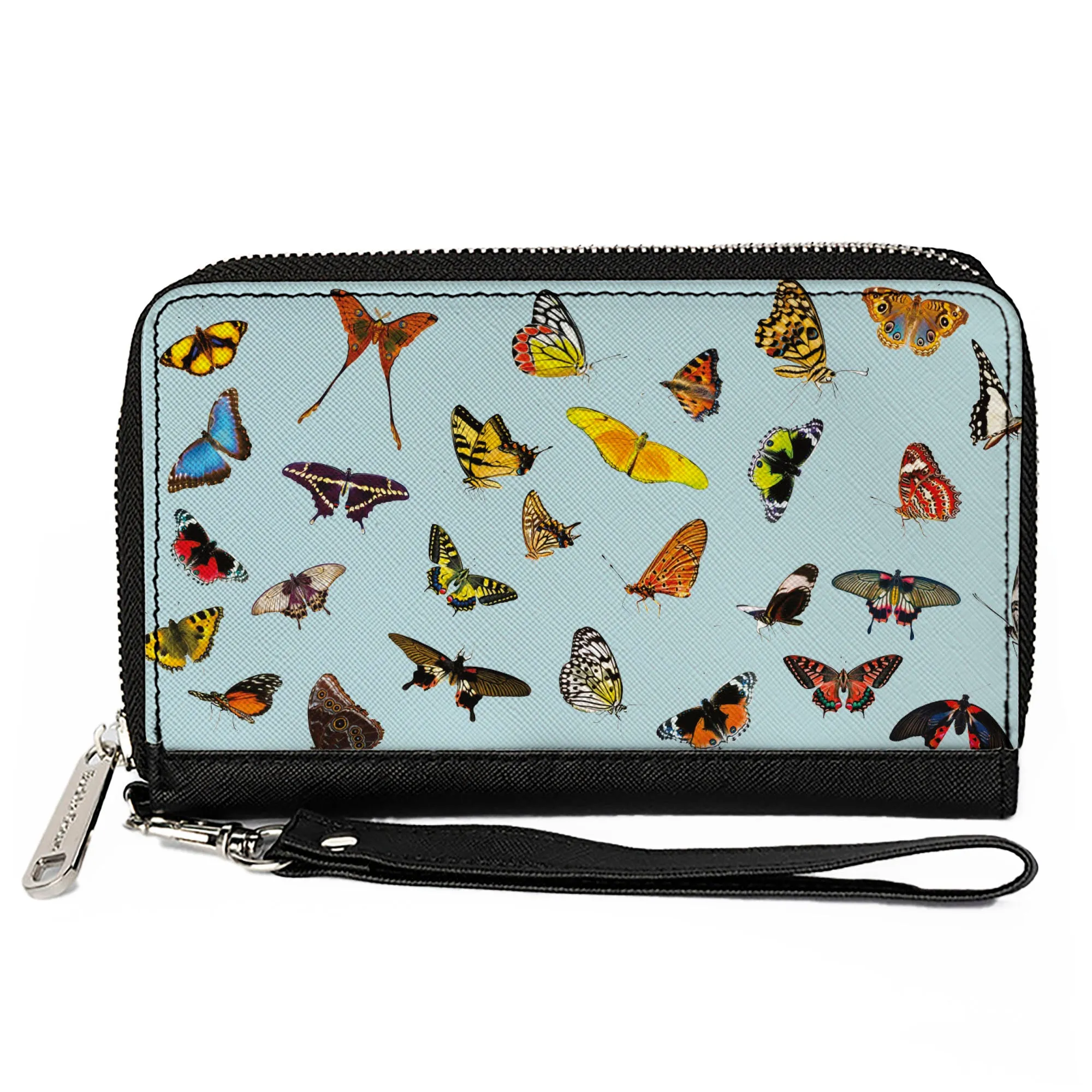 Women's PU Zip Around Wallet Rectangle - Butterflies Scattered Baby Blue
