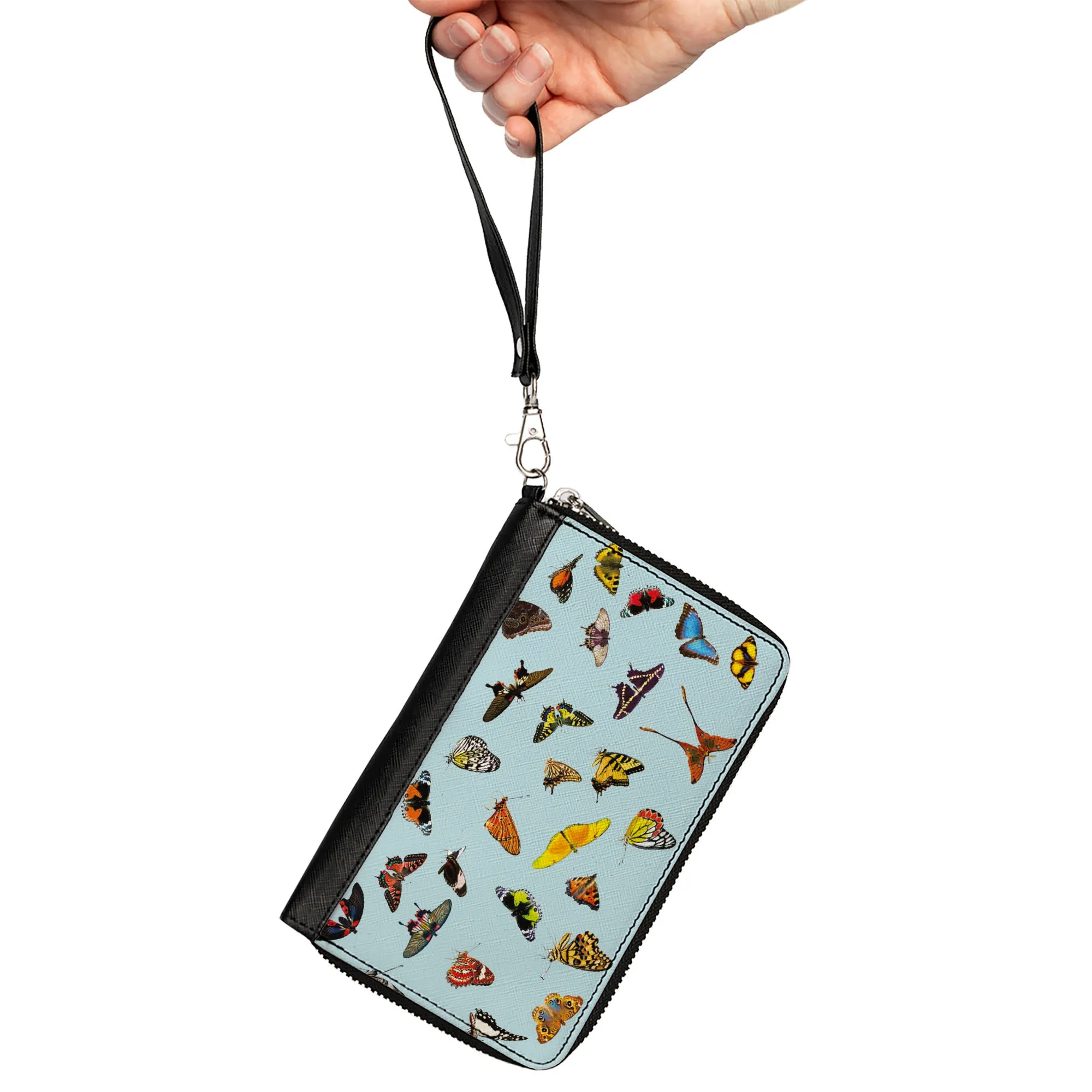 Women's PU Zip Around Wallet Rectangle - Butterflies Scattered Baby Blue