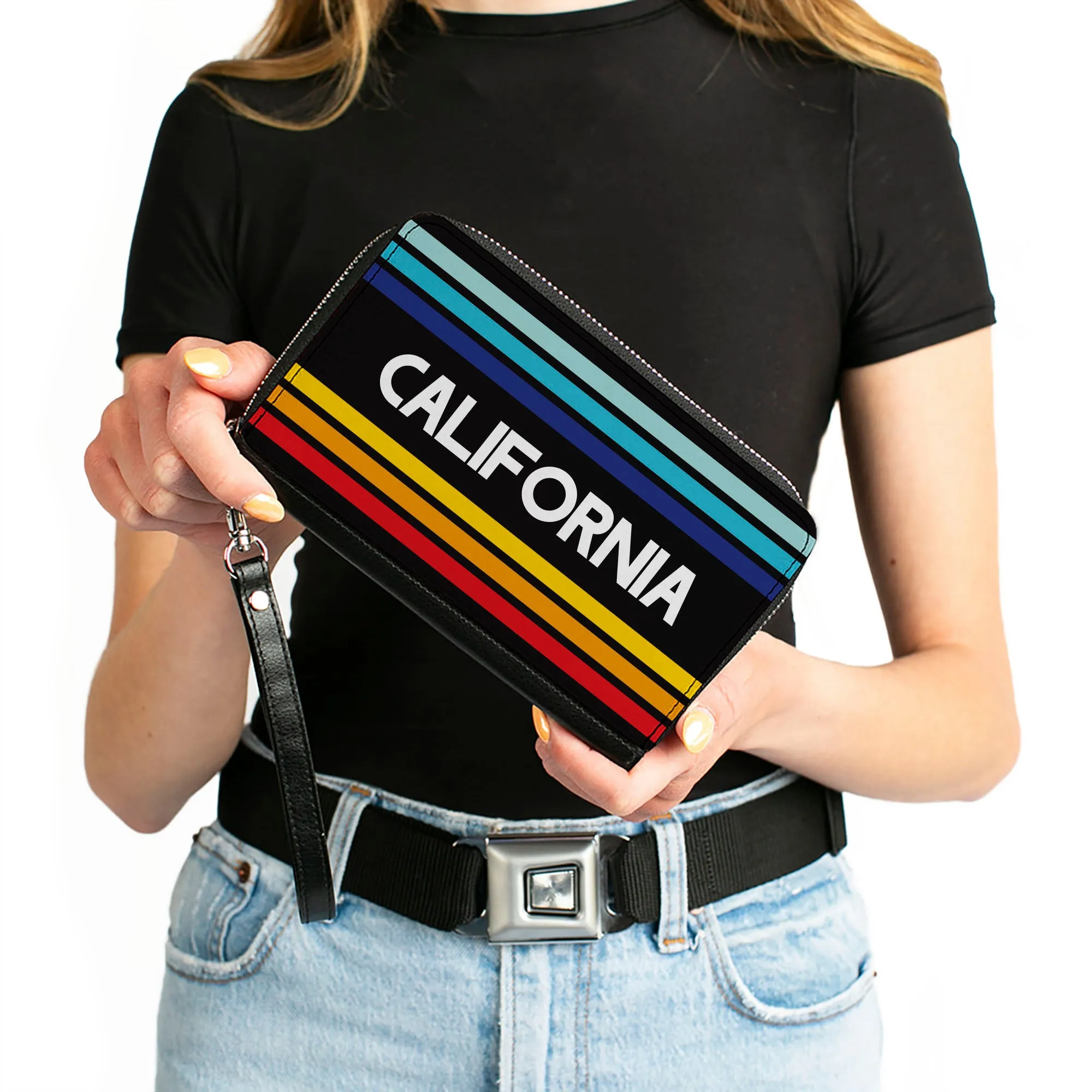 Women's PU Zip Around Wallet Rectangle - CALIFORNIA Stripes Black White Multi Color