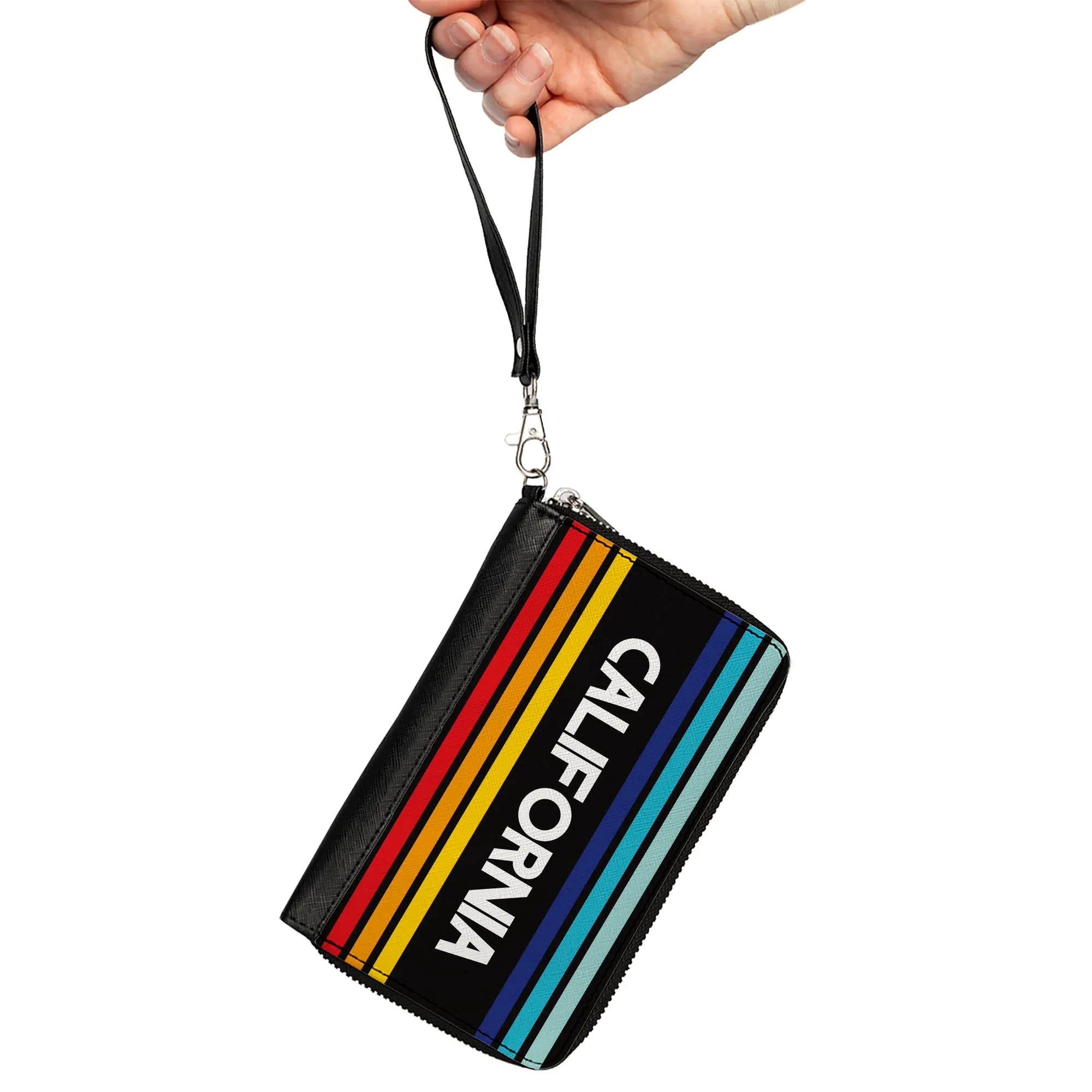 Women's PU Zip Around Wallet Rectangle - CALIFORNIA Stripes Black White Multi Color