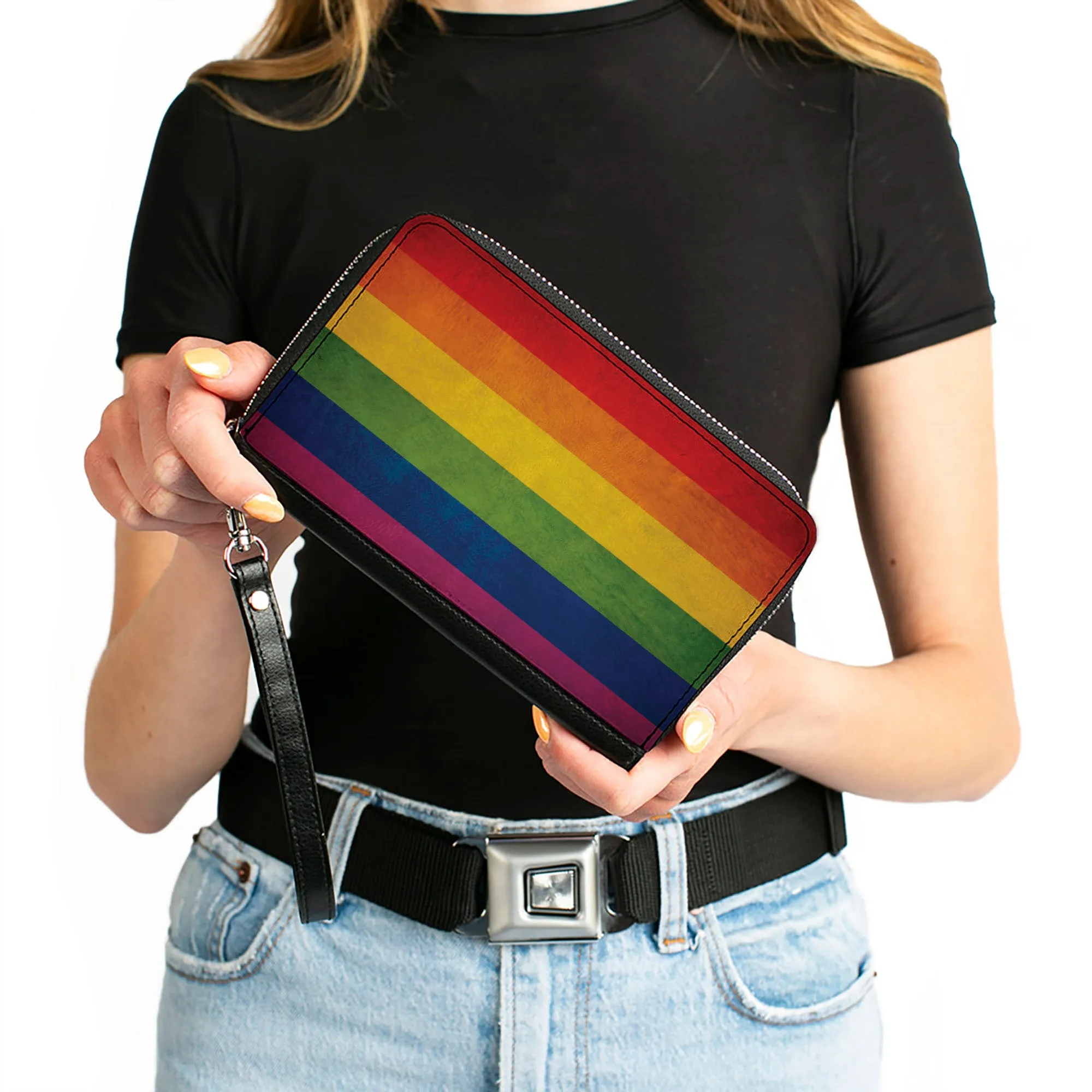 Women's PU Zip Around Wallet Rectangle - Flag Pride Distressed Rainbow
