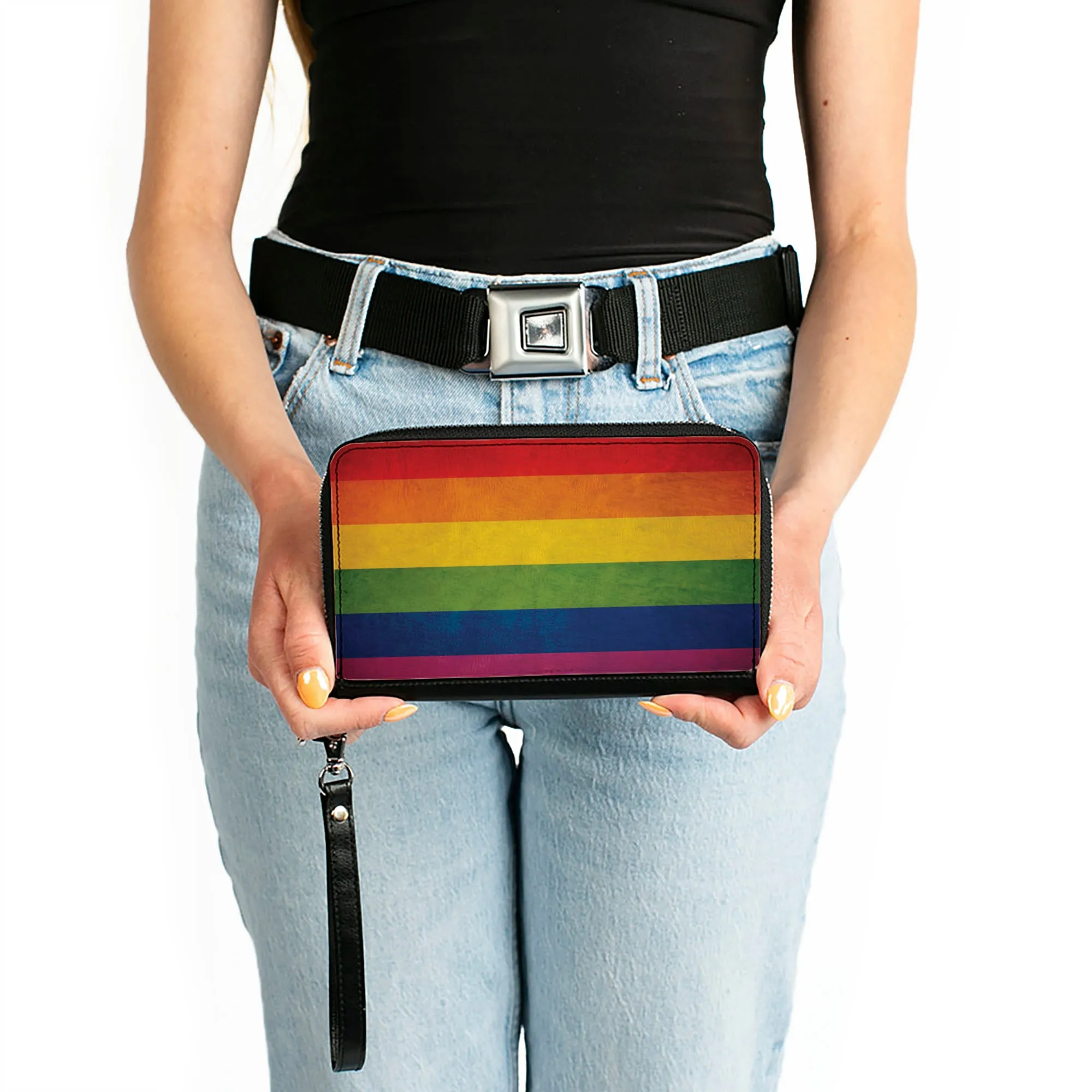 Women's PU Zip Around Wallet Rectangle - Flag Pride Distressed Rainbow
