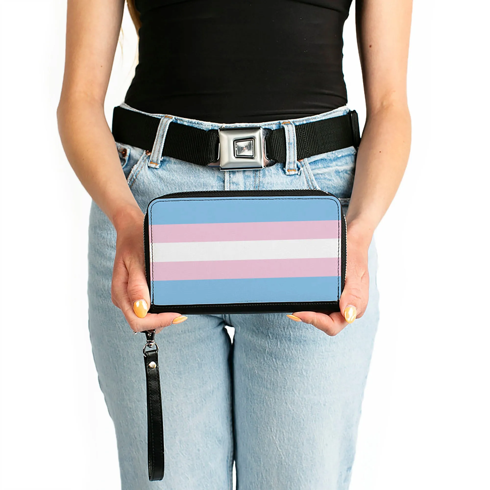 Women's PU Zip Around Wallet Rectangle - Flag Transgender Baby Blue Baby Pink White