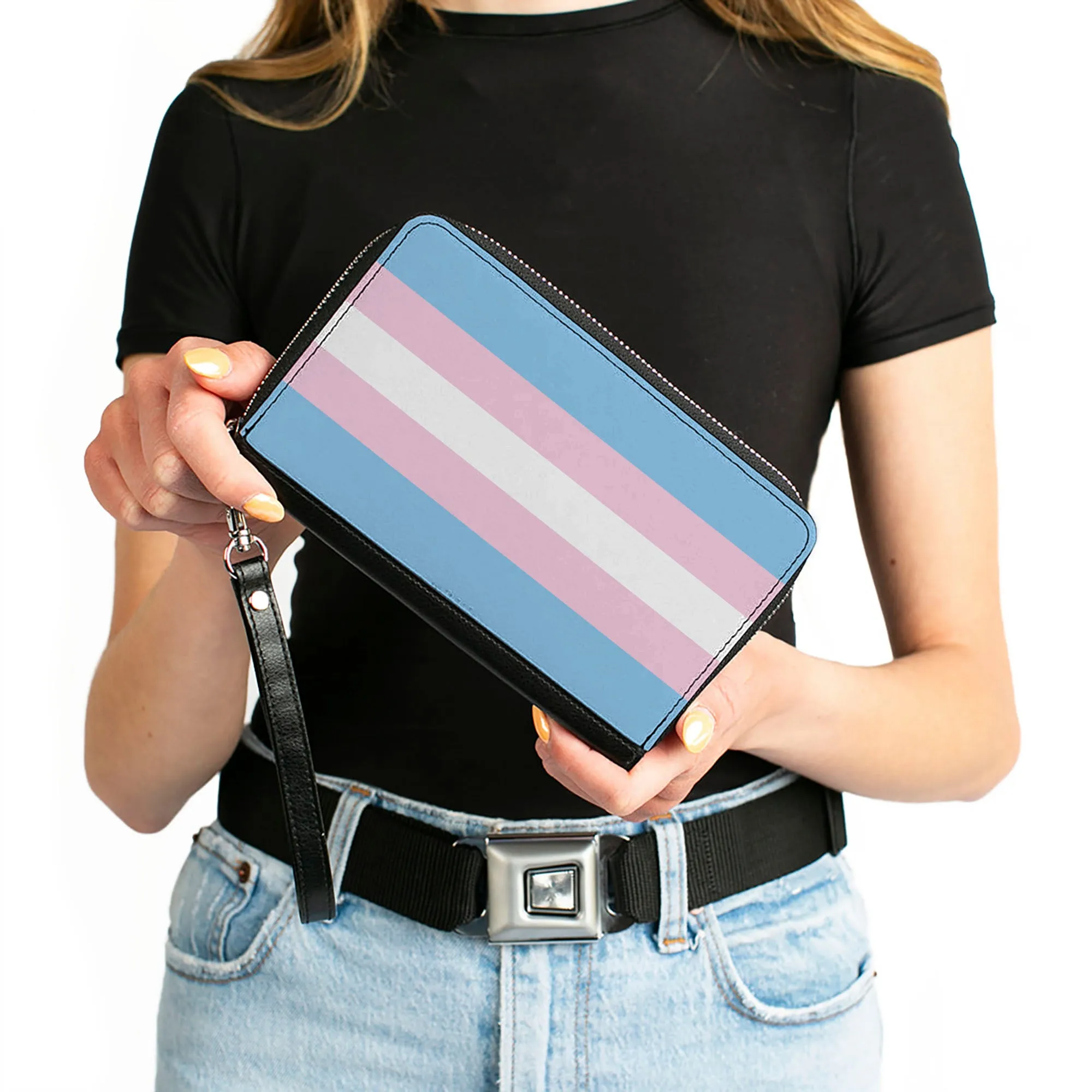 Women's PU Zip Around Wallet Rectangle - Flag Transgender Baby Blue Baby Pink White
