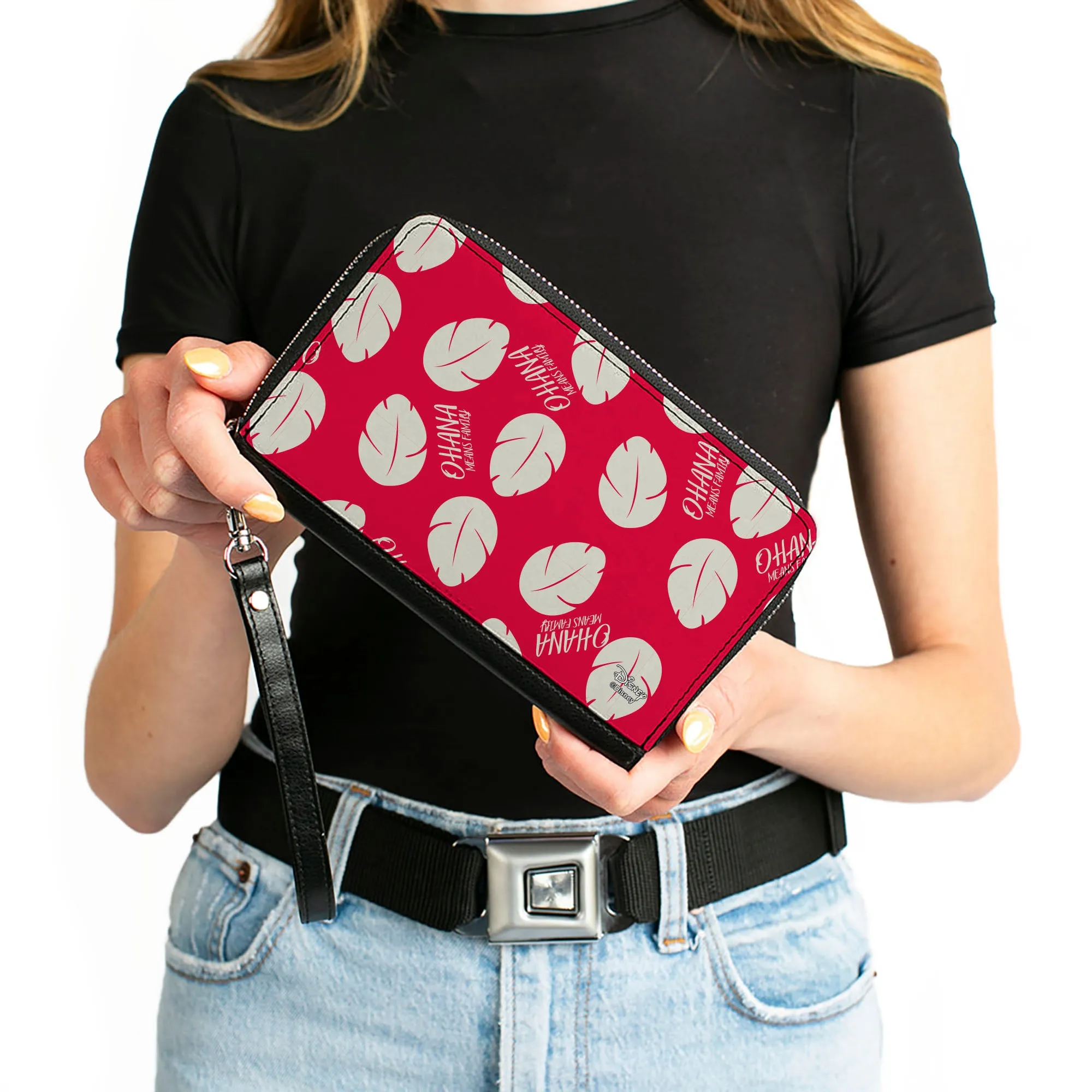 Women's PU Zip Around Wallet Rectangle - Lilo & Stitch OHANA MEANS FAMILY Bounding Lilo Dress Leaves Red Ivory