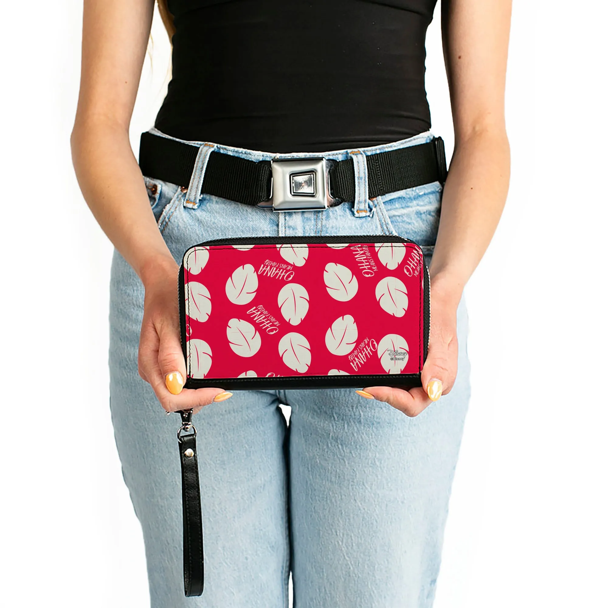 Women's PU Zip Around Wallet Rectangle - Lilo & Stitch OHANA MEANS FAMILY Bounding Lilo Dress Leaves Red Ivory