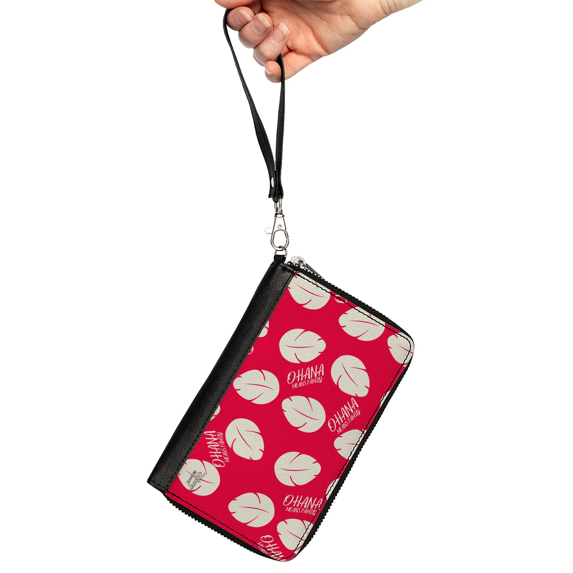 Women's PU Zip Around Wallet Rectangle - Lilo & Stitch OHANA MEANS FAMILY Bounding Lilo Dress Leaves Red Ivory