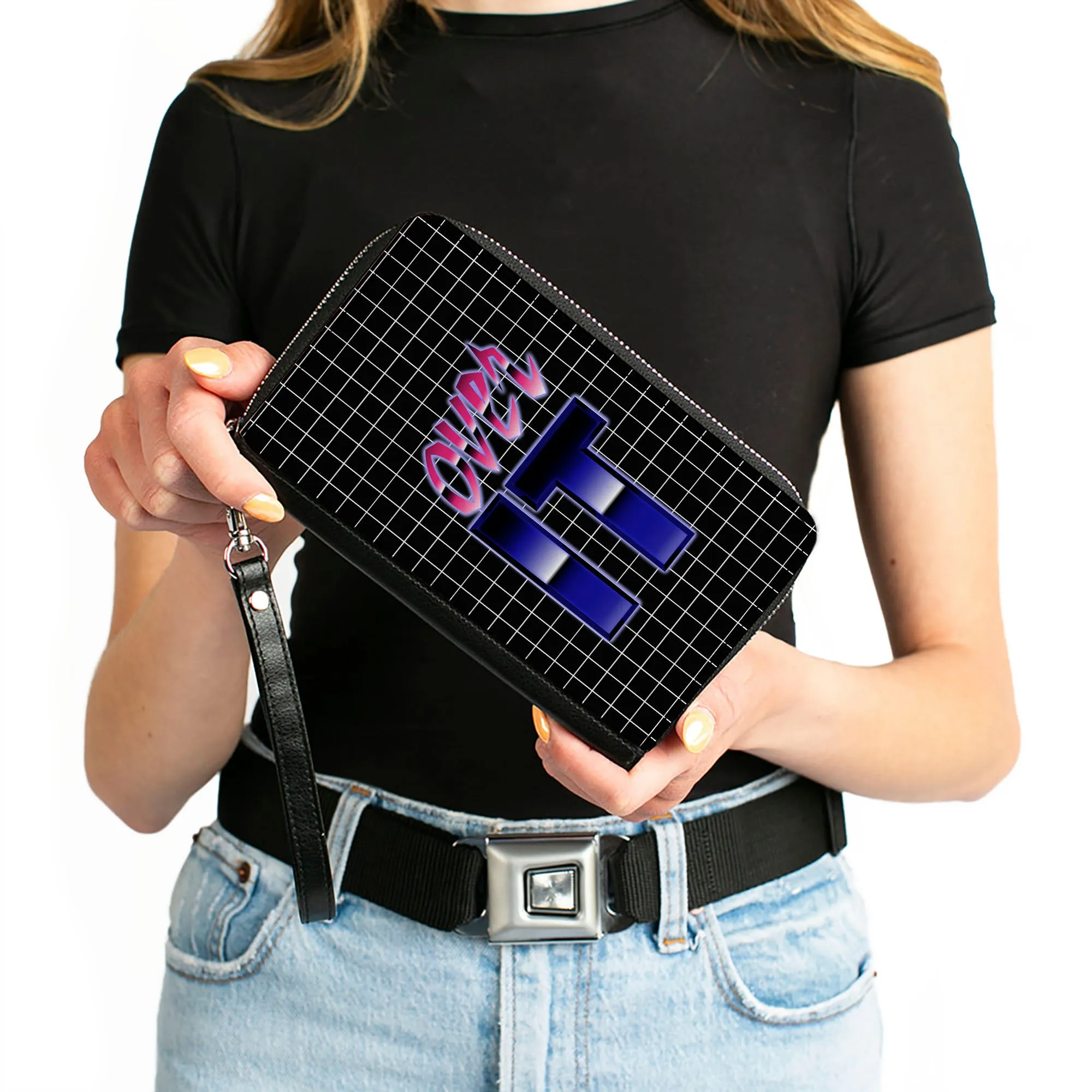 Women's PU Zip Around Wallet Rectangle - OVER IT Grid Black White Pinks Purples