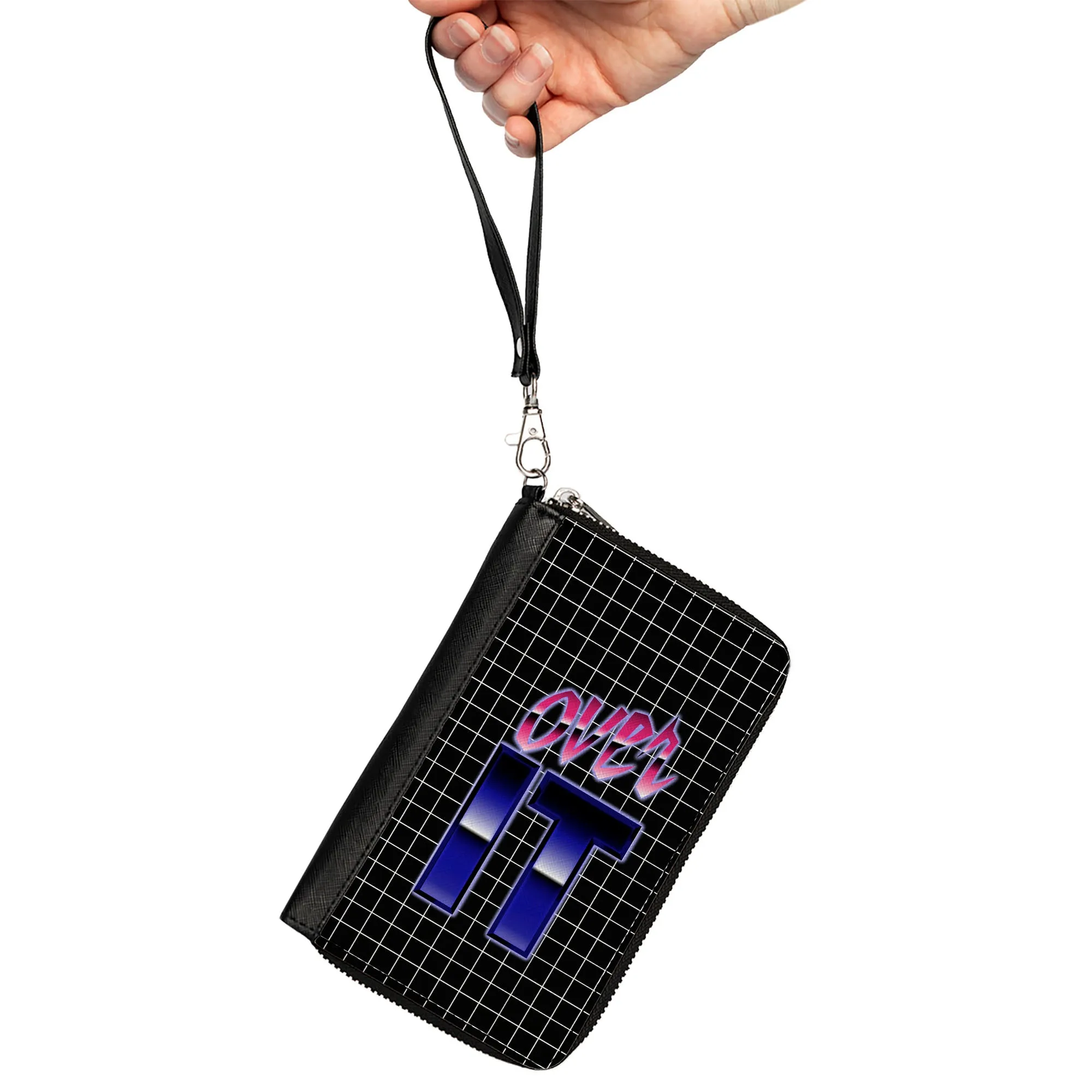 Women's PU Zip Around Wallet Rectangle - OVER IT Grid Black White Pinks Purples