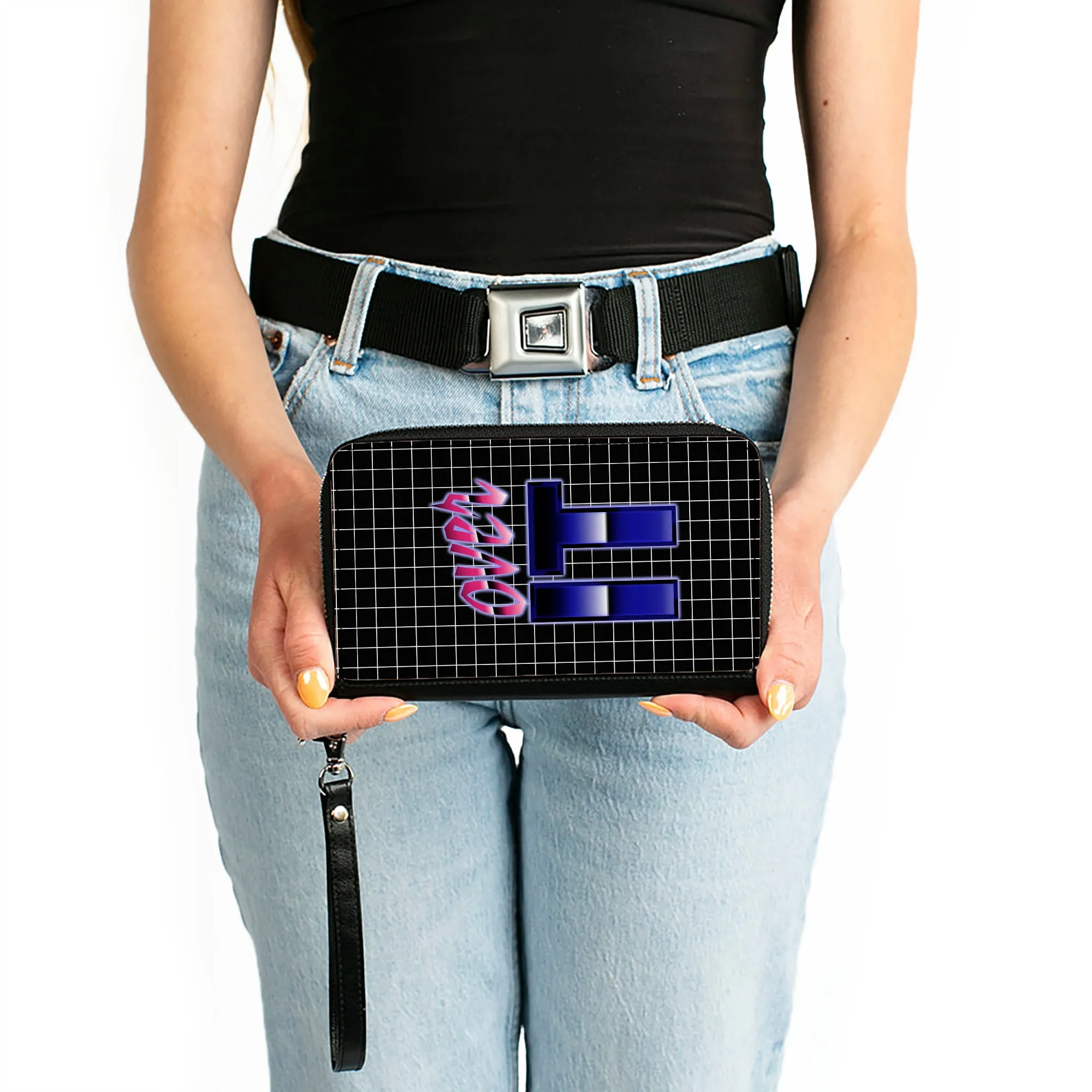 Women's PU Zip Around Wallet Rectangle - OVER IT Grid Black White Pinks Purples