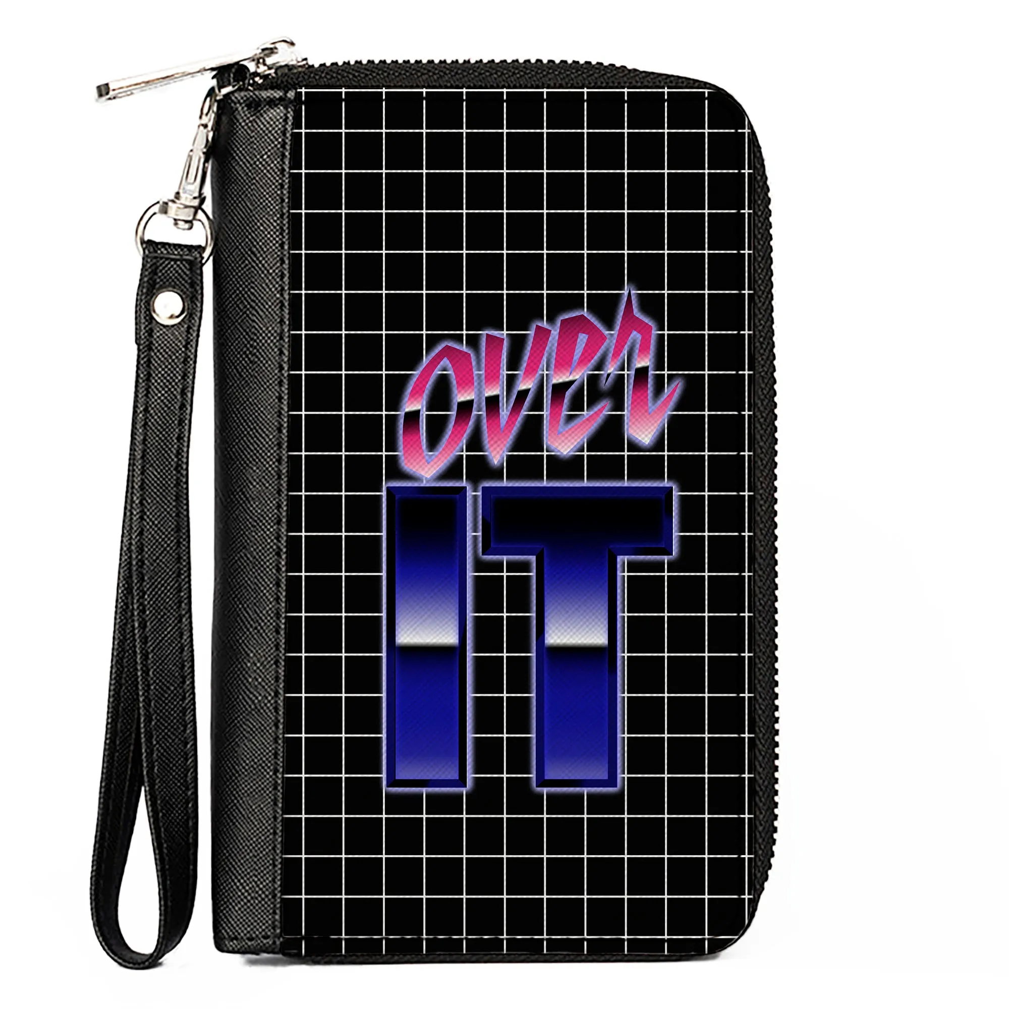 Women's PU Zip Around Wallet Rectangle - OVER IT Grid Black White Pinks Purples