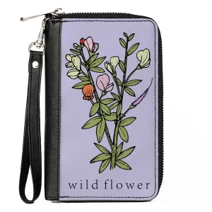 Women's PU Zip Around Wallet Rectangle - WILD FLOWER Floral Bouquet Lavender