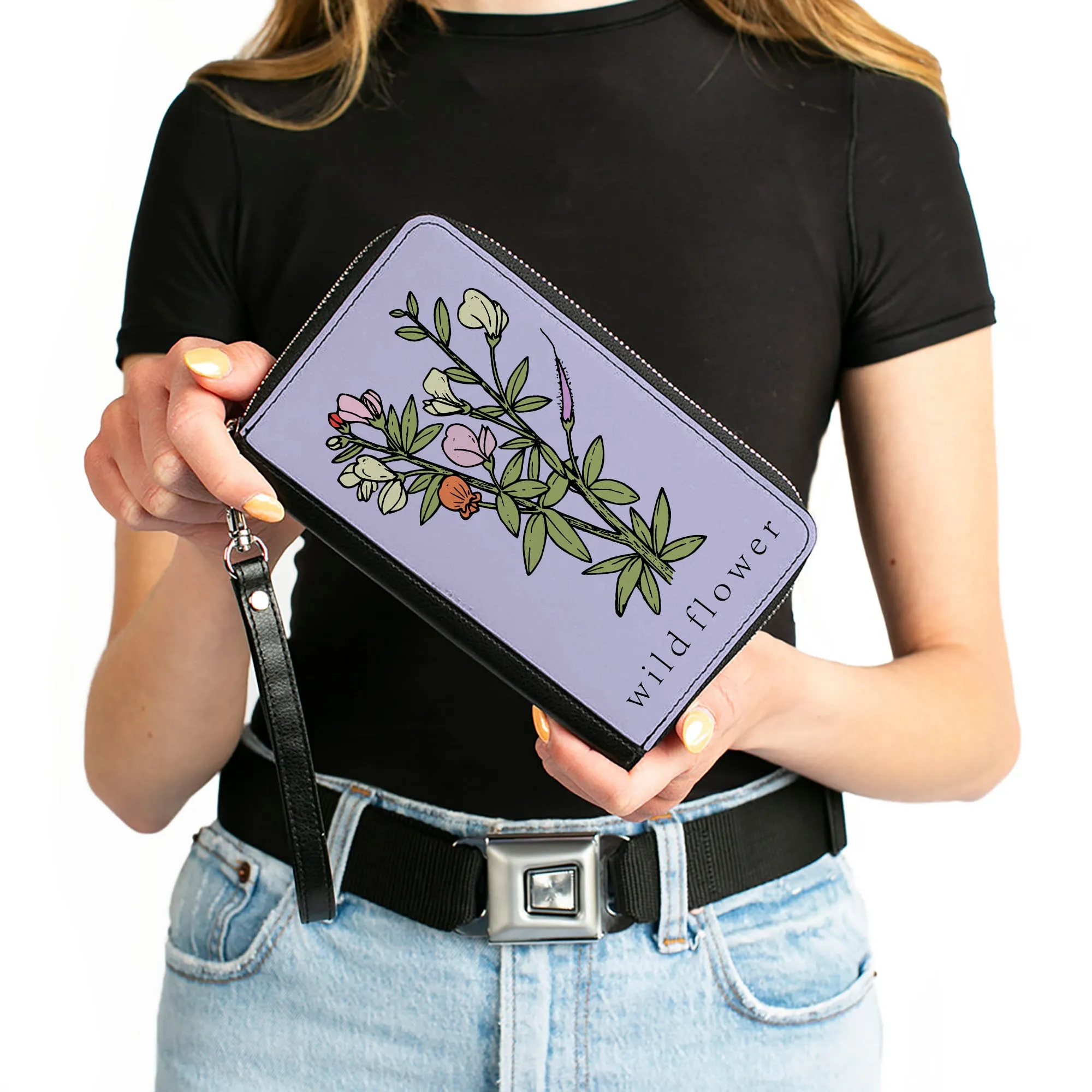 Women's PU Zip Around Wallet Rectangle - WILD FLOWER Floral Bouquet Lavender