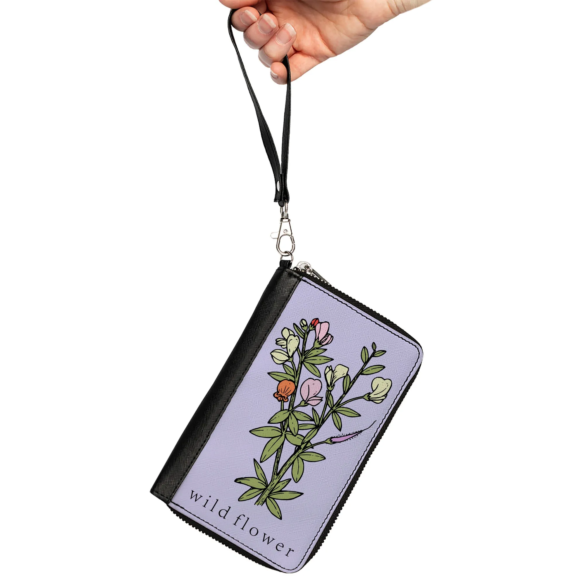 Women's PU Zip Around Wallet Rectangle - WILD FLOWER Floral Bouquet Lavender