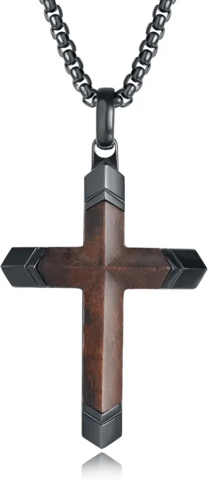 Wooden Cross Necklace for Men, Handmade Real Ebony Wood Cross Pendant Stainless Steel Chain, Mens Cross Necklaces Natural Wood Christian Gifts, 24 inch box chain