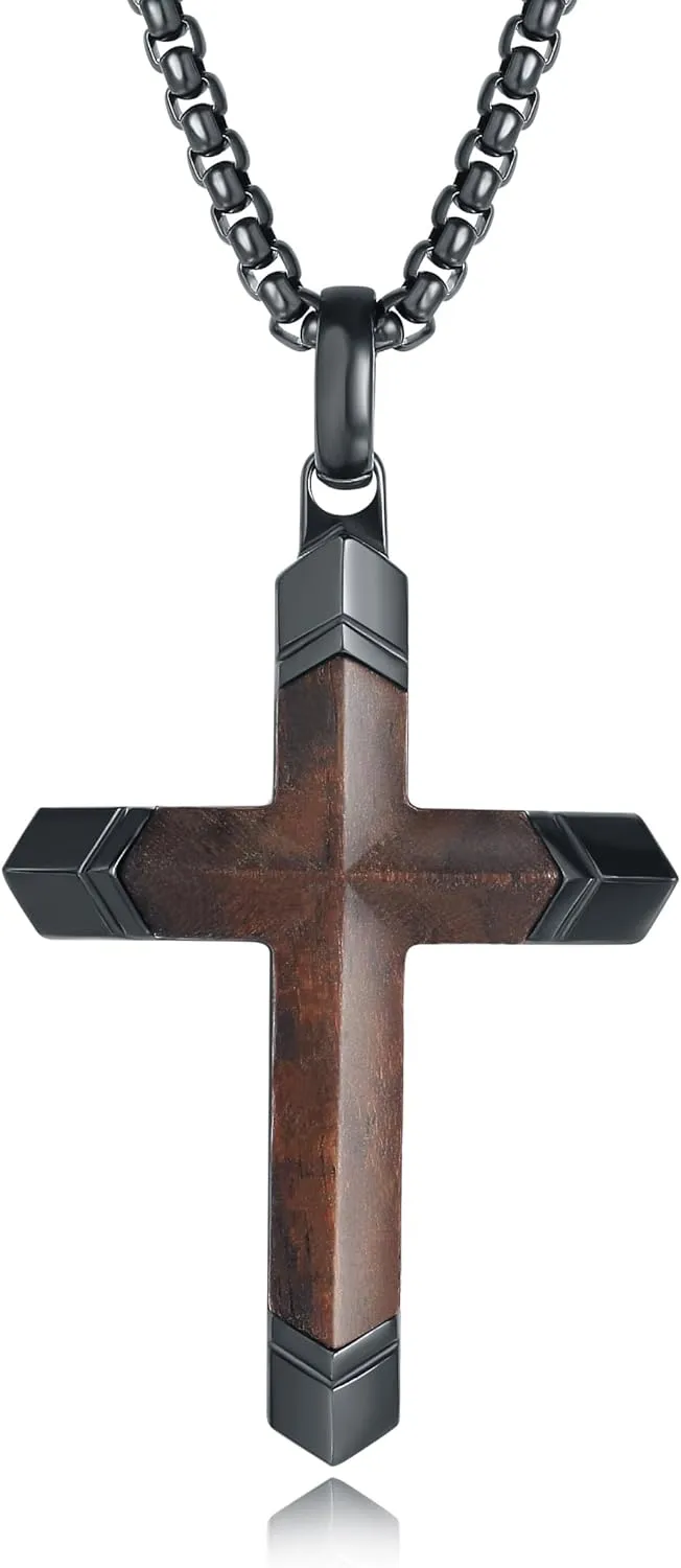 Wooden Cross Necklace for Men, Handmade Real Ebony Wood Cross Pendant Stainless Steel Chain, Mens Cross Necklaces Natural Wood Christian Gifts, 24 inch box chain